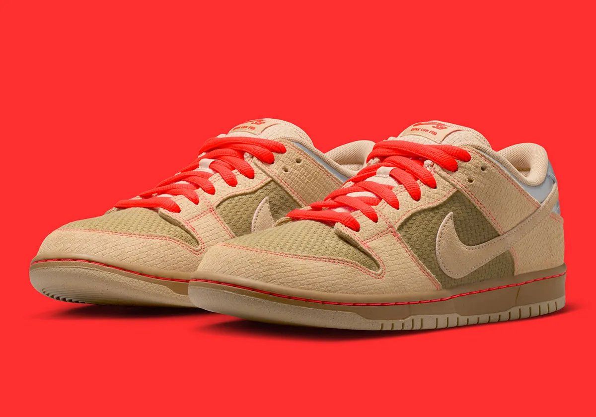 Nike SB Dunk Low "Som Tum" in white, red, and tan colorway with textured overlays inspired by traditional Thai bamboo baskets
