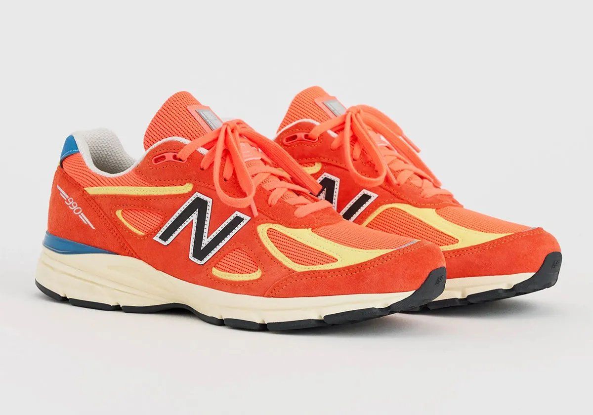 New Balance 990v4 in Urgent Red and Maize colorway, Bart Simpson-inspired design with suede overlays and mesh base