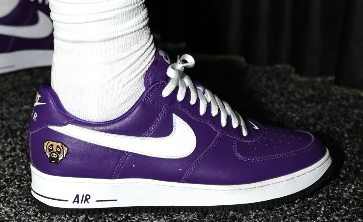 LeBron James wearing Victor Victor x Nike Air Force 1 '01 Low in purple with dog head logo on heel