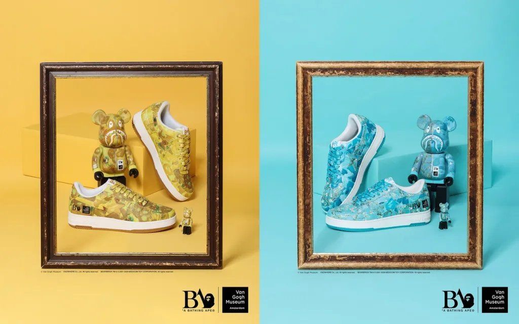 BAPE STA sneaker and BE@RBRICK figure from the BAPE x Van Gogh Museum capsule collection, showcasing art-inspired design elements