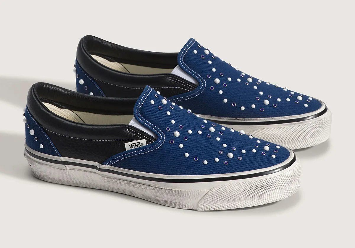 Vans Slip-On in Satoshi Nakamoto-inspired colorway, showing canvas upper and vulcanized sole detail