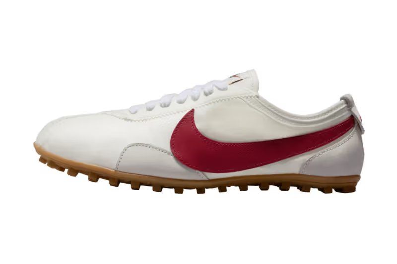 Nike Moon Shoe in Summit White and Team Crimson colorway, side profile view showing nylon mesh and gum rubber sole