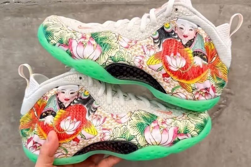 Nike Air Foamposite One Tianjin 2.0 in white, poison green, black, and lava glow colorway