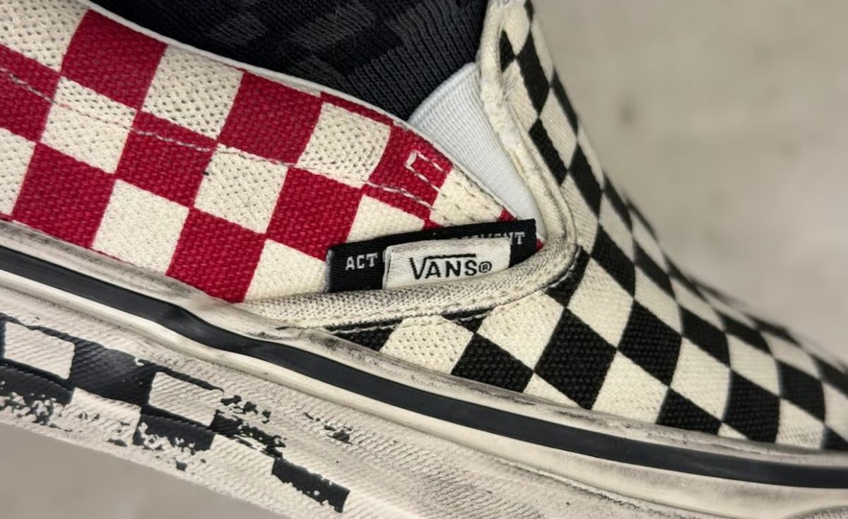 Slam Jam x Vans Classic Slip-On Act of Disagreement featuring dual checkerboard patterns in black-white and red-white colorways with distressed detailing