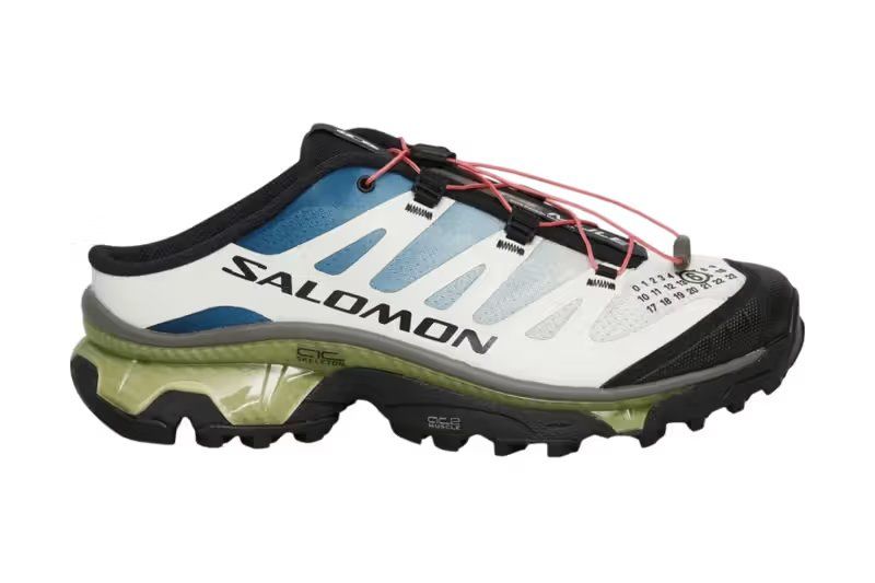 MM6 Maison Margiela x Salomon XT-4 MULE in Vanilla Ice and Black colorways, showing the open-heeled mule silhouette with technical trail shoe details