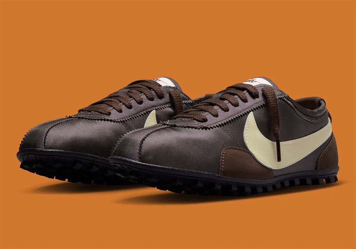 Nike Moon Shoe in Malachite and Baroque Brown colorways featuring oversized Swoosh and gum rubber sole