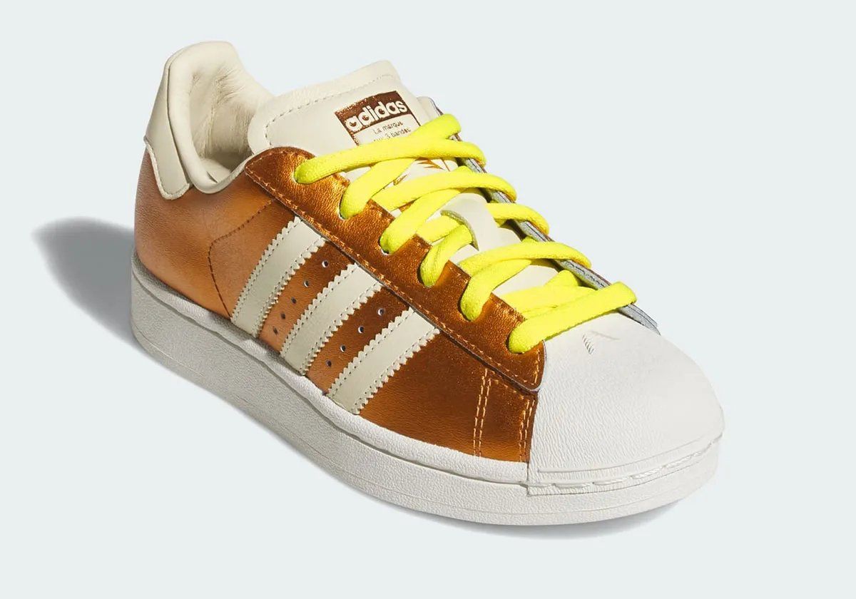 adidas Anthony Edwards Superstar in Metallic Gold leather with off-white stripes and signature rubber toe cap