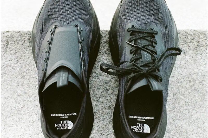 The North Face x Engineered Garments VECTIV Forward in Easy Navy and TNF Black, showcasing the modular laced and slip-on convertible design