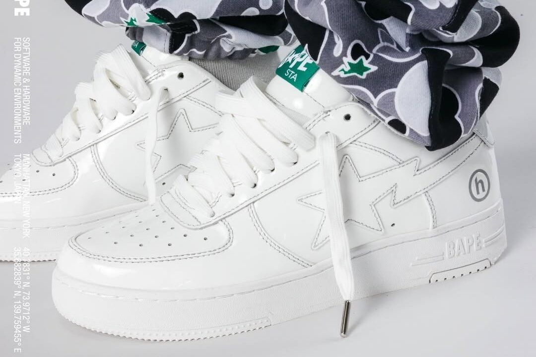 Hidden NY x BAPE STA in white leather, showcasing clean upper construction and collaborative branding