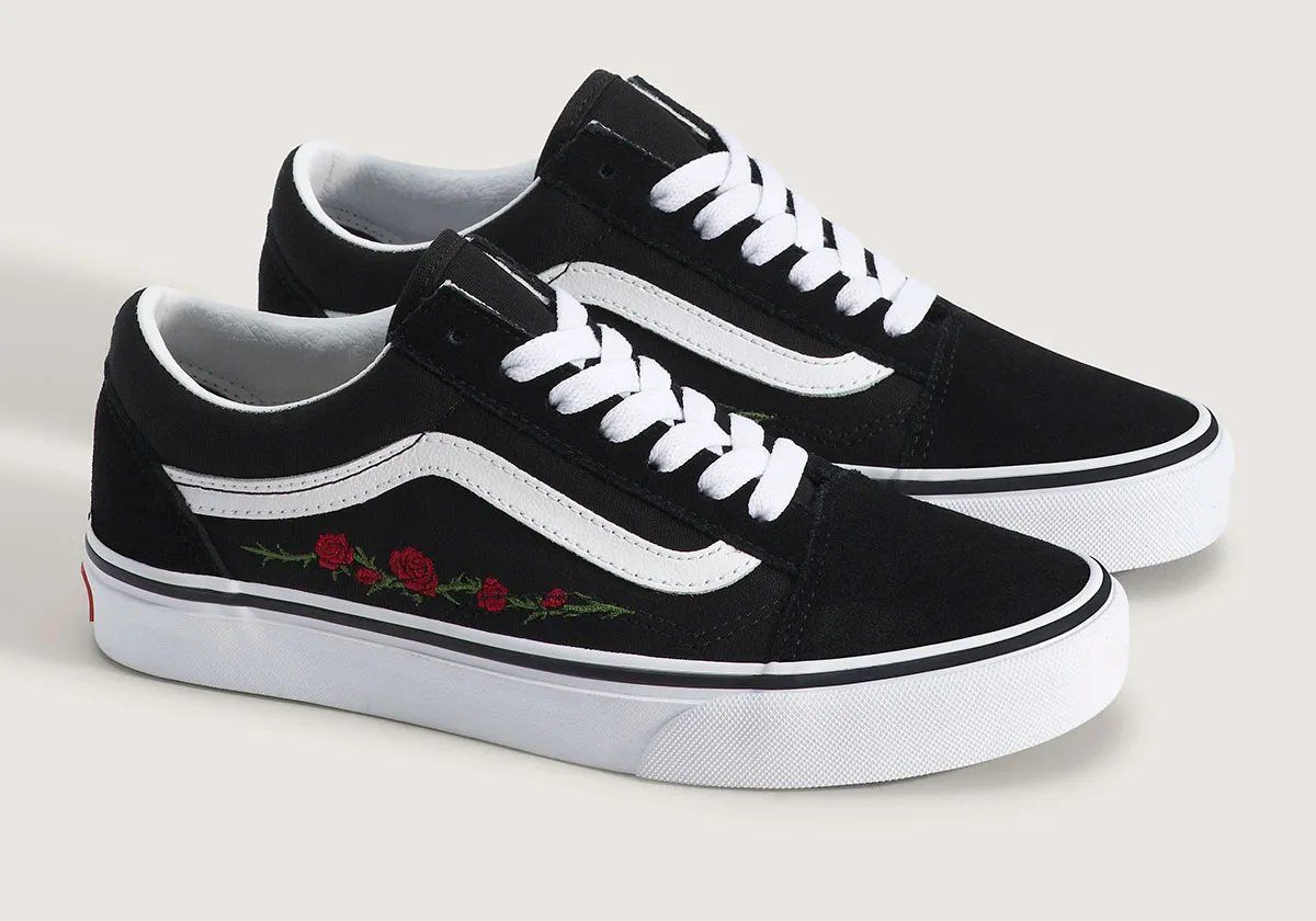 Vans Old Skool Roses in black and white with embroidered rose graphics on the lateral Jazz Stripe