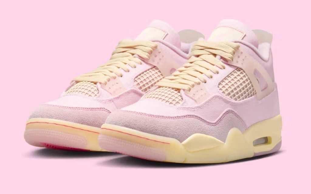 Women's Air Jordan 4 'Iced Carmine' in carmine red and iced colorway, showing side profile of the iconic silhouette with netted panels and signature Jordan wings
