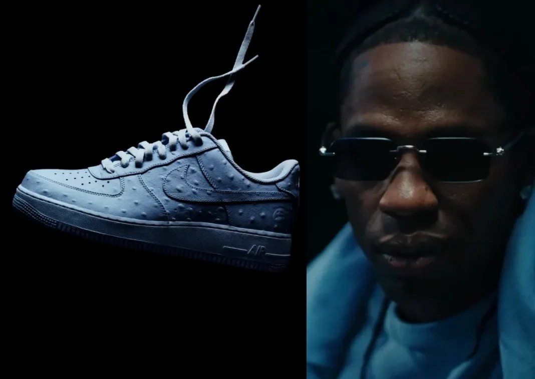 Travis Scott x Nike Cactus Court Air Force 1 Low in Ice Blue with ostrich-textured upper, shown from overhead