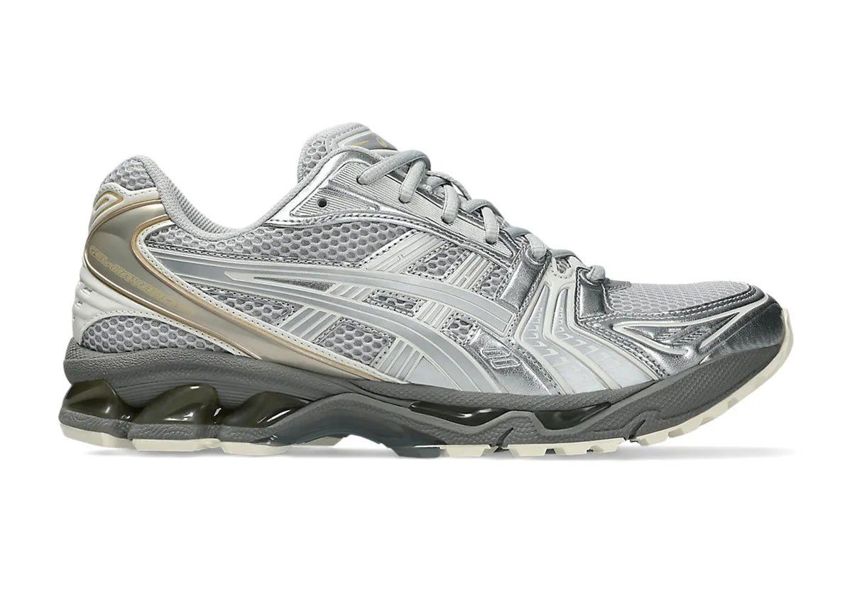 ASICS GEL-Kayano 14 in Concrete colorway, showing neutral tonal upper with reinforced medial support structure