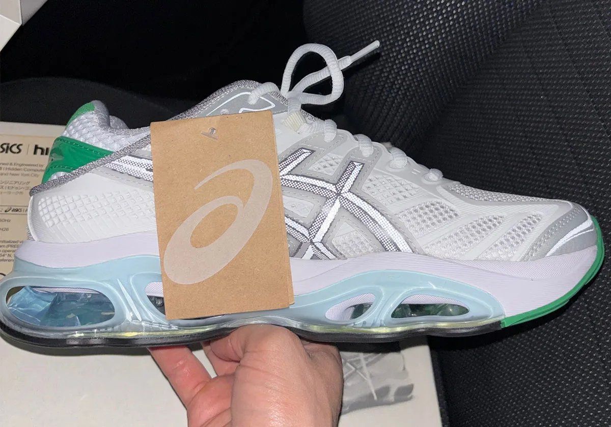 Hidden NY x ASICS GEL-Kinetic 2.0 collaboration featuring white upper with green heel overlay and half-tone ASICS strikes