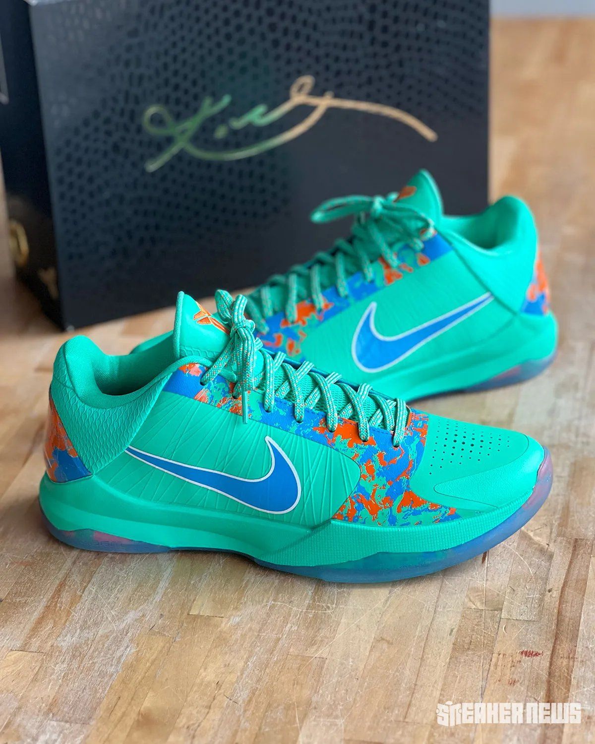 Nike Kobe 5 Protro 'NY vs. NY' in green, blue, and orange colorway inspired by New York City basketball courts