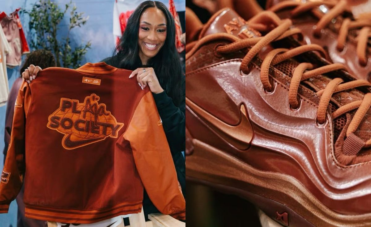 Nike A'Two x Playa Society Dark Russet colorway featuring monochromatic chocolate cocoa leather with Playa Society tongue patch