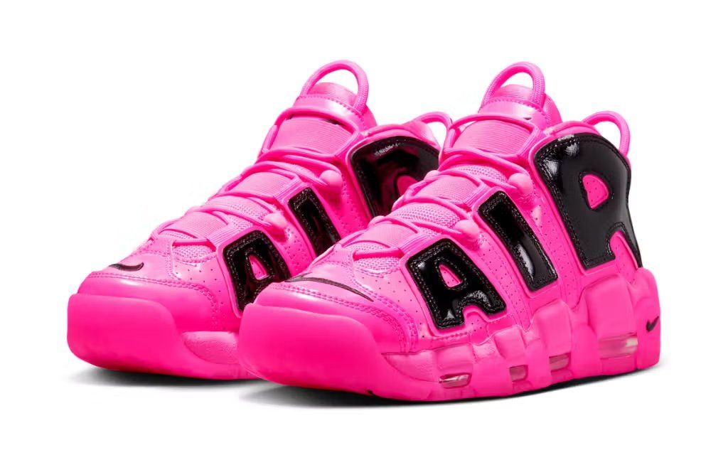 Nike Air More Uptempo Pink Blast colorway featuring the signature oversized silhouette with vibrant pink upper
