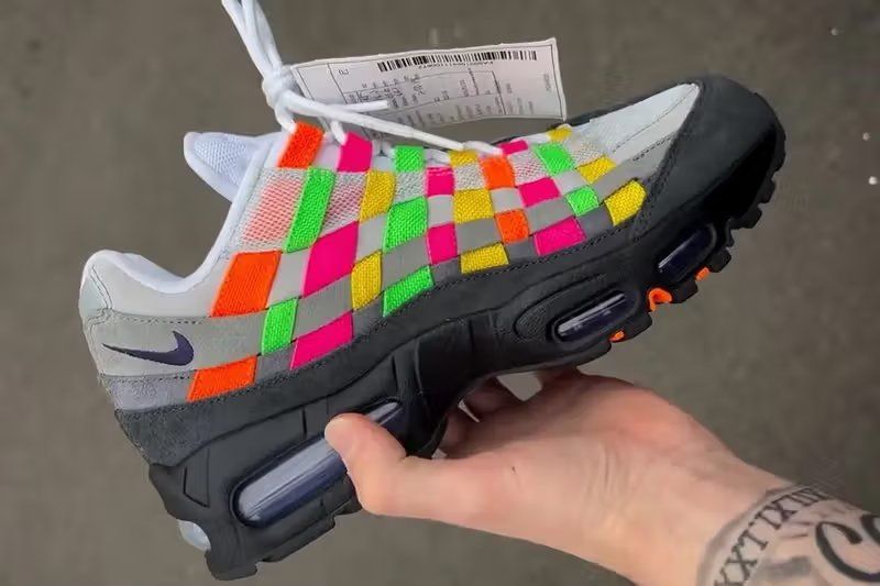 Nike Air Max 95 Woven in Grey/Multi colorway with checkerboard nylon upper and Purple Dynasty accents, summer 2026 release