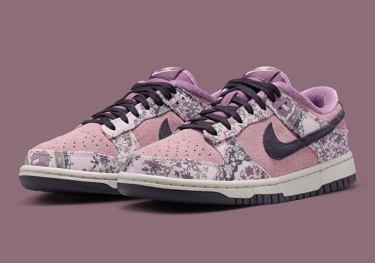 Nike Dunk Low Premium Botanical Rug in Foam Pink suede with Dusty Purple accents and printed botanical fabric overlays