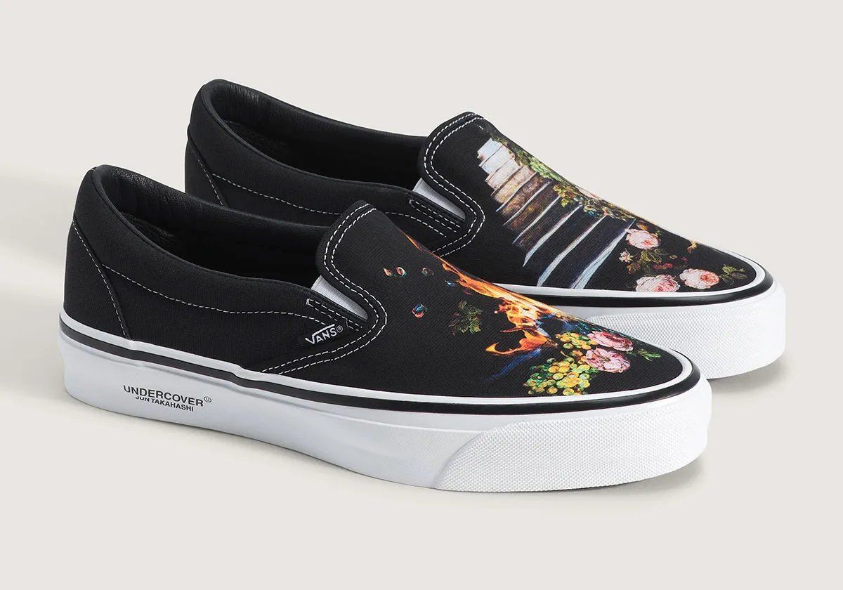 Vans x Undercover Slip-On featuring Emily Bennett painted artwork with flame and botanical motifs