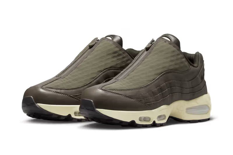 Nike Air Max 95 Big Bubble Zip SP in Medium Olive and Alabaster with zip closure detail
