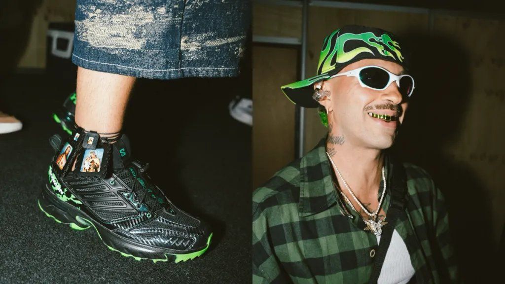 Feid performing on stage wearing the unreleased Salomon ACS NEXXT sneaker collaboration