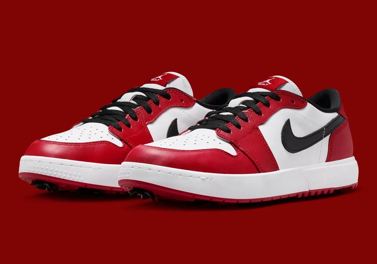 Air Jordan 1 Low Golf in Chicago red, white, and black colorway with golf-specific traction pattern and reinforced leather construction