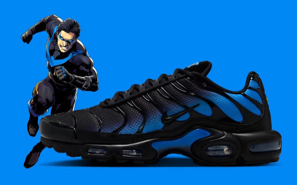 Nike Air Max Plus in Nightwing colorway featuring dark charcoal and black tones inspired by Gotham aesthetic, Summer 2026