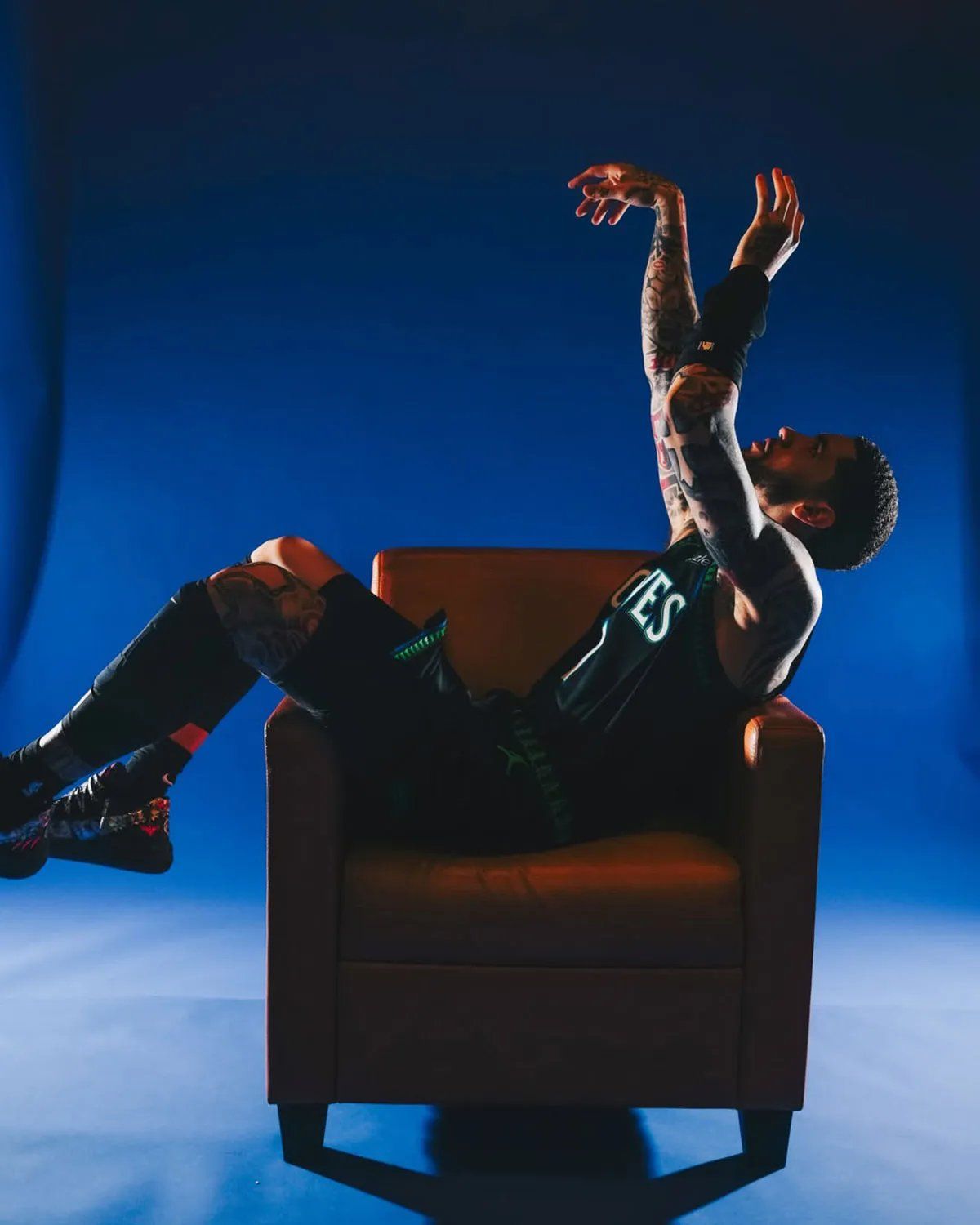 LaMelo Ball wearing the PUMA MB.05 Lo All-Star black colorway during his inaugural Minnesota Timberwolves photoshoot