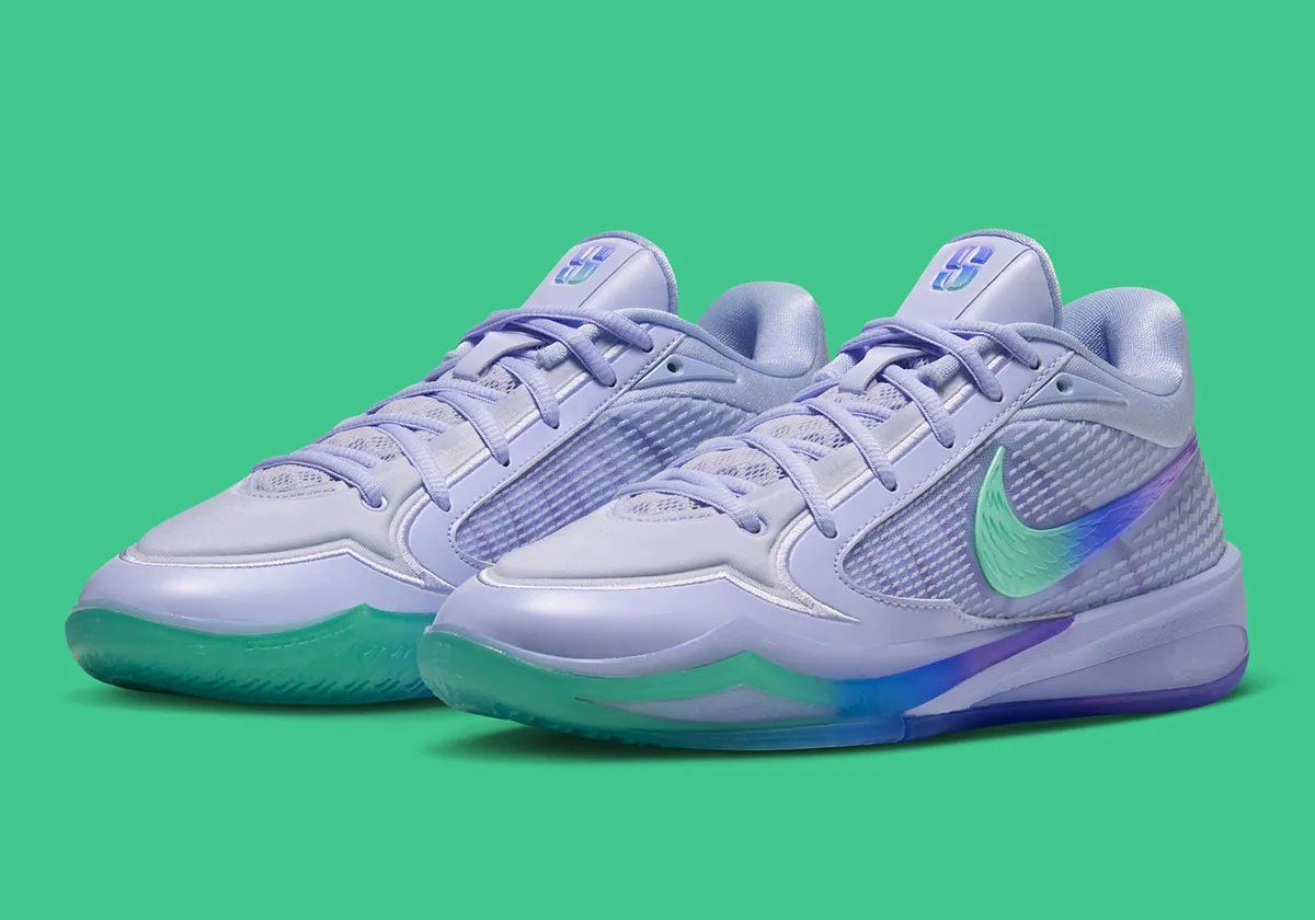 Nike Sabrina 4 Superstition colorway featuring pale purple upper with tri-tone gradient of Liberty green, royal blue, and metallic purple on the outsole and Swoosh