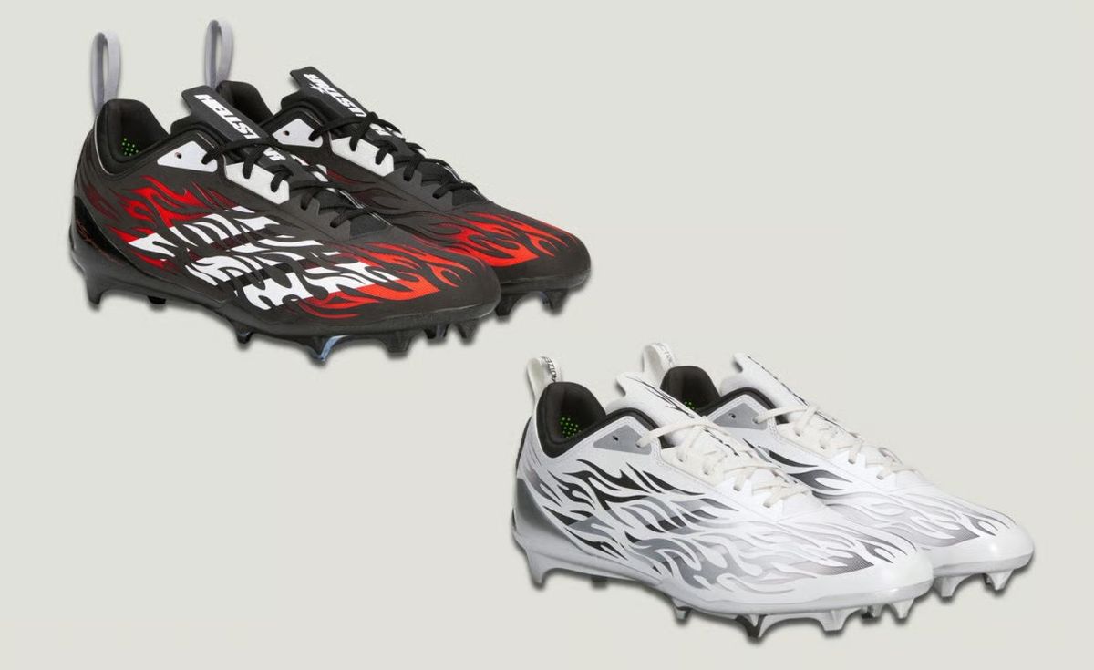 Hellstar x adidas Adizero Electric II Cleats Pack in black and red and black and white colorways featuring flame graphics across side panels and toebox