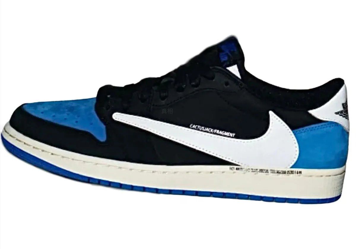 Unreleased Travis Scott x Fragment Design Air Jordan 1 Low sample in royal blue suede and white leather, 2021