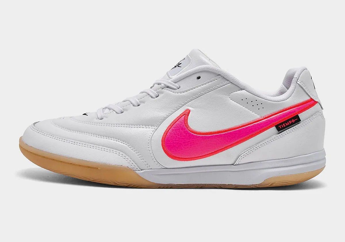 Nike Tiempo Streetgato in grey with highlighter pink Swoosh and gum rubber sole, lateral view