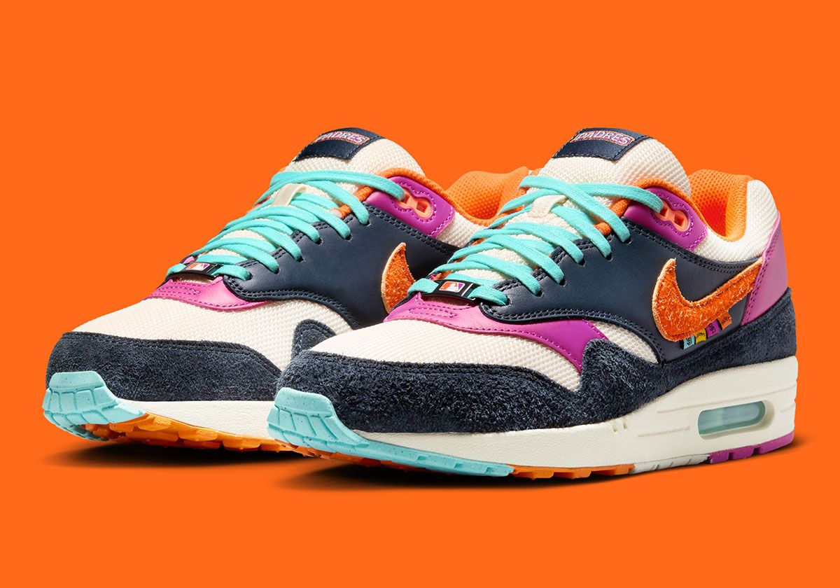 Nike Air Max 1 San Diego Padres with floral skull insole and multi-color paneling inspired by Día de los Muertos