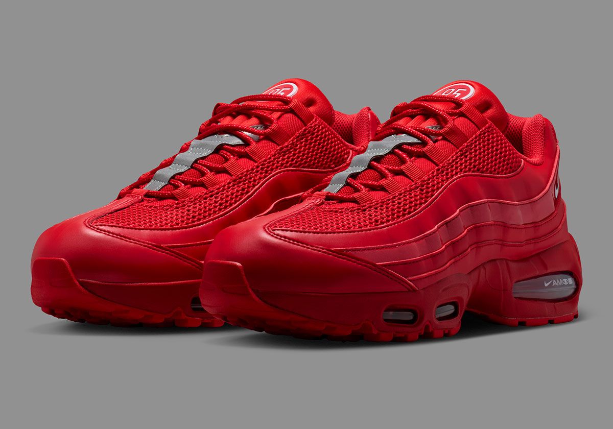 Nike Air Max 95 Total 90 in red leather with glossy side panels and silver accents, inspired by classic T90 football boot construction