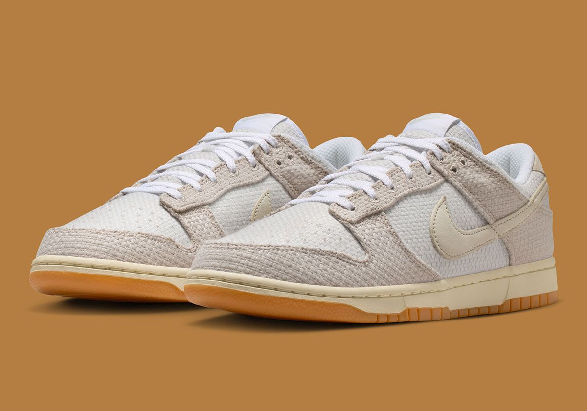 Nike Dunk Low Hemp Pack in Moon Particle and Filbert colorways, featuring woven textile uppers and gum sole finish