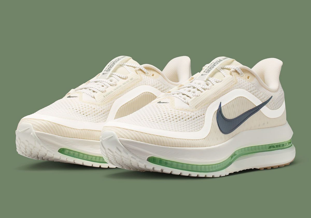 Nike Pegasus Premium in Pale Ivory and Jade Horizon colorway, showcasing neutral off-white upper with jade green midsole accent
