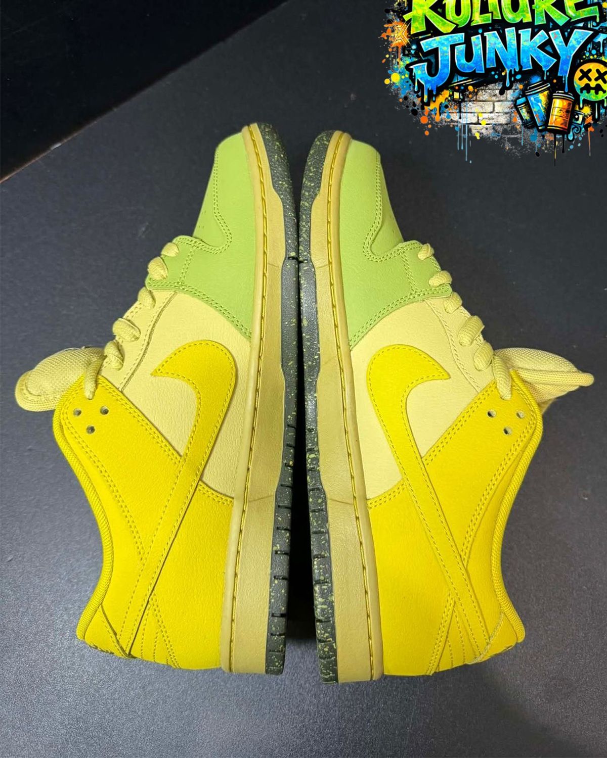Nike SB Dunk Low in Saffron Quartz with flame graphics on the upper