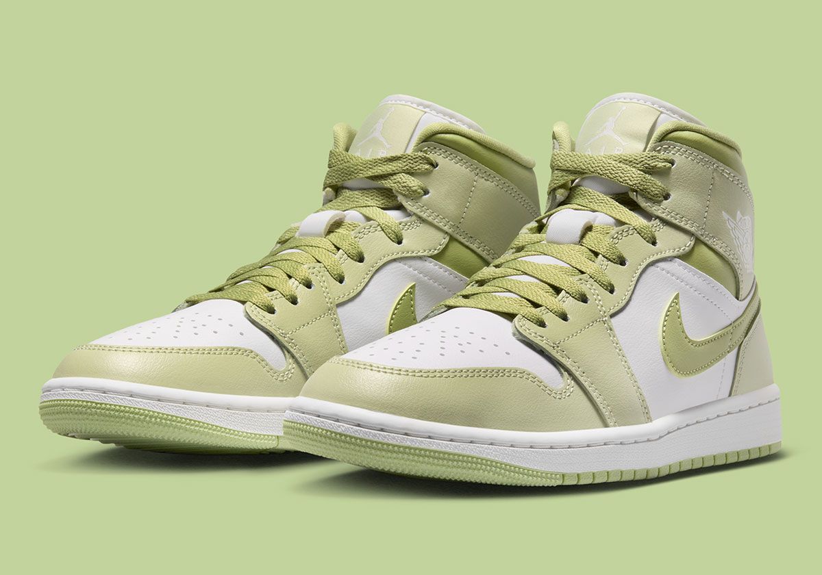 Nike Air Jordan 1 Mid in Olive Aura colorway with white leather base and dark Lawn accents, shown from multiple angles