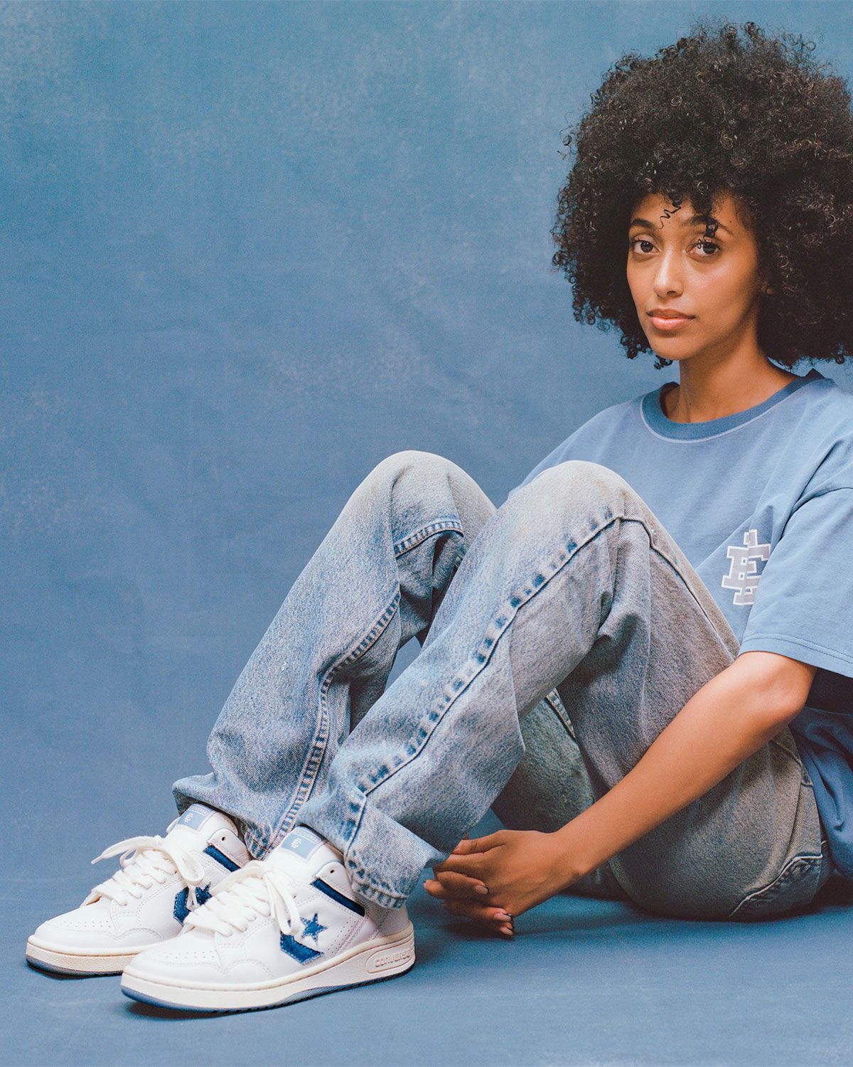 Eric Emanuel x Converse Chuck 70 in navy denim with oversized EE branding and aged midsole treatment