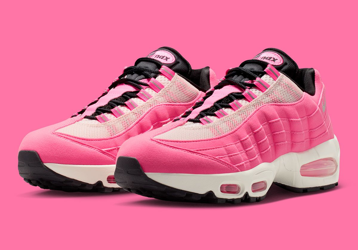 Nike Air Max 95 'Pink Glow' featuring pink suede construction with pearl pink mesh and off-noir accents
