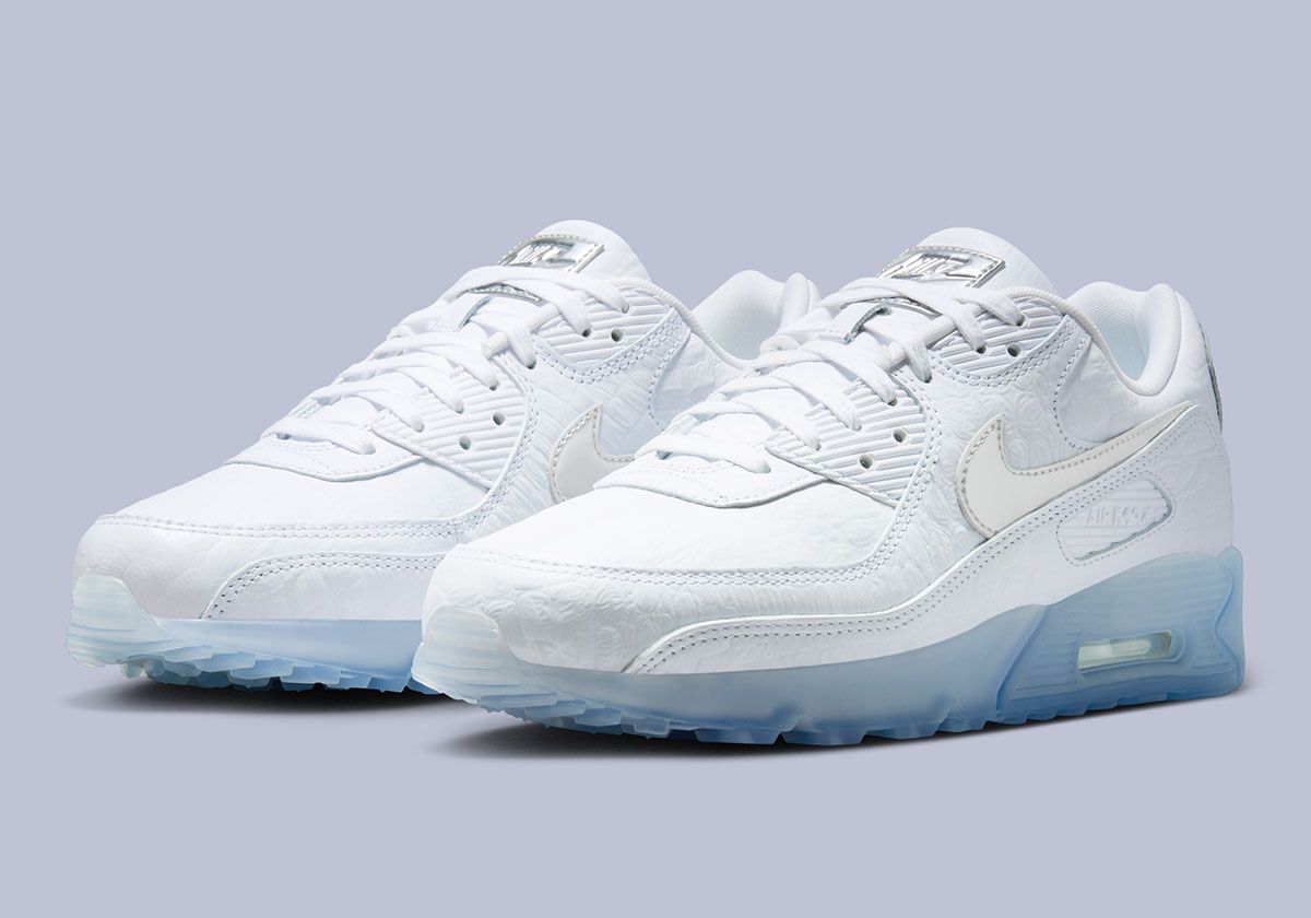 Nike Air Max 90 Terrascape in White and Blue Tint, showing frosted sole unit and chrome hardware details