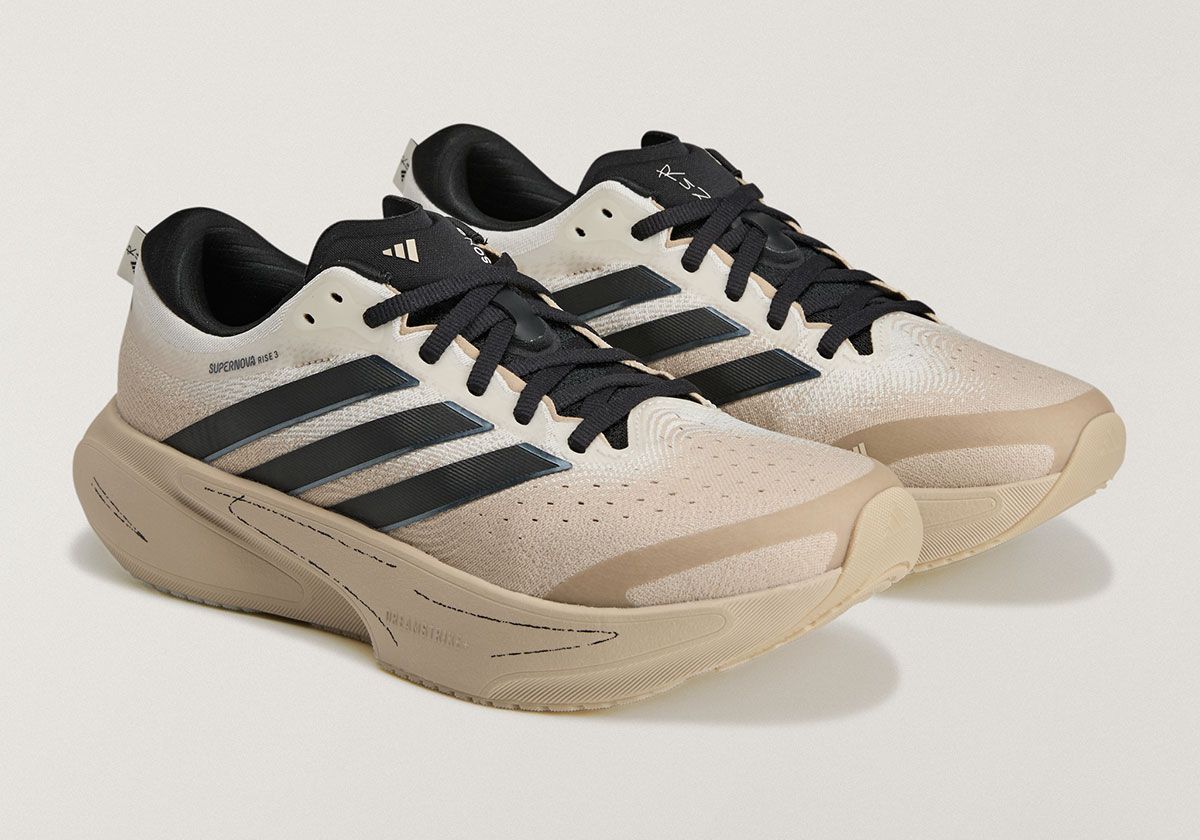 Song for the Mute x adidas Supernova Rise 3 in Off-White, Core Black, and Onix colorway, showcasing minimalist design and Primeweave upper construction