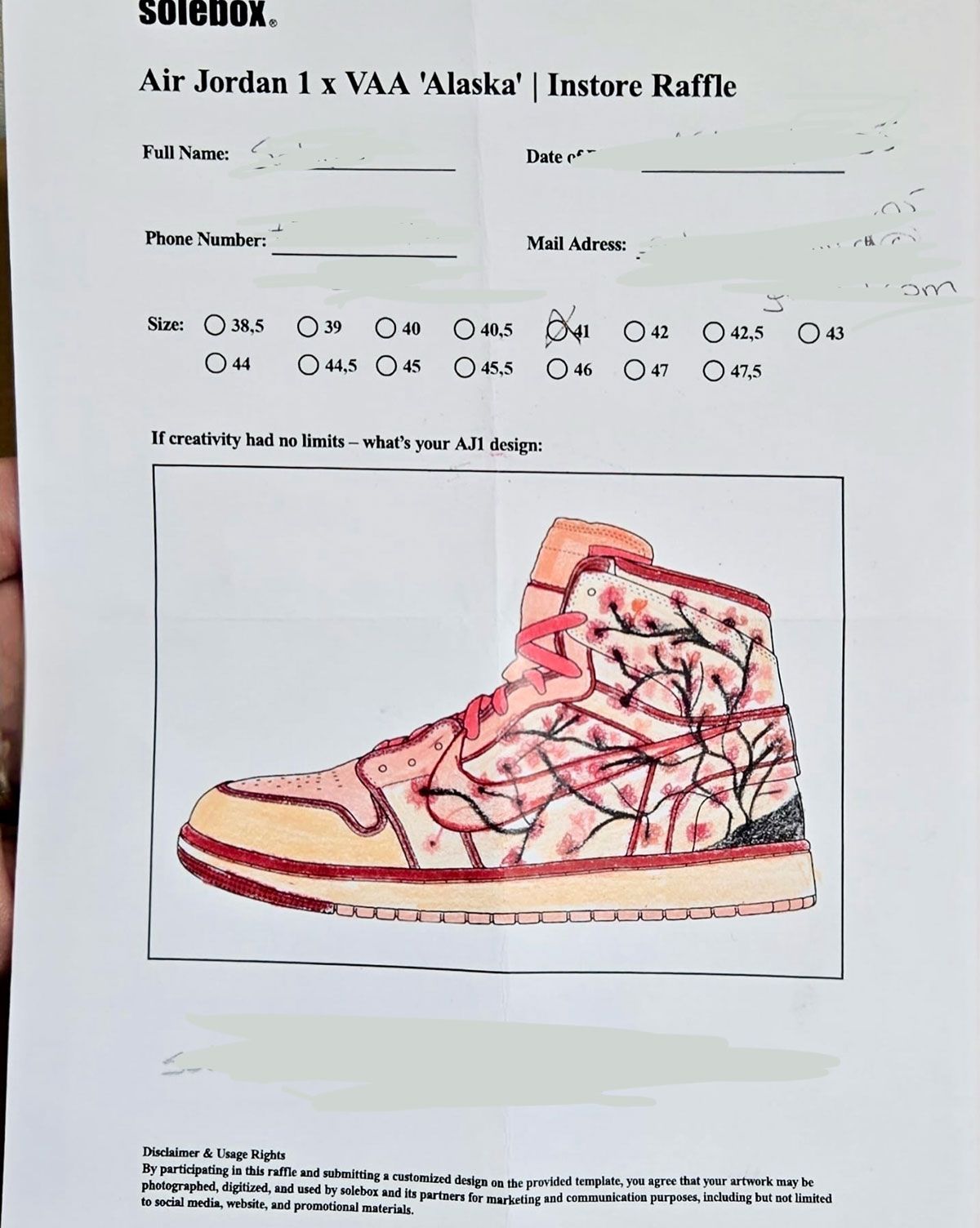Hand-drawn custom Air Jordan 1 design entries from Solebox raffle competition inspired by Virgil Abloh Archive collection