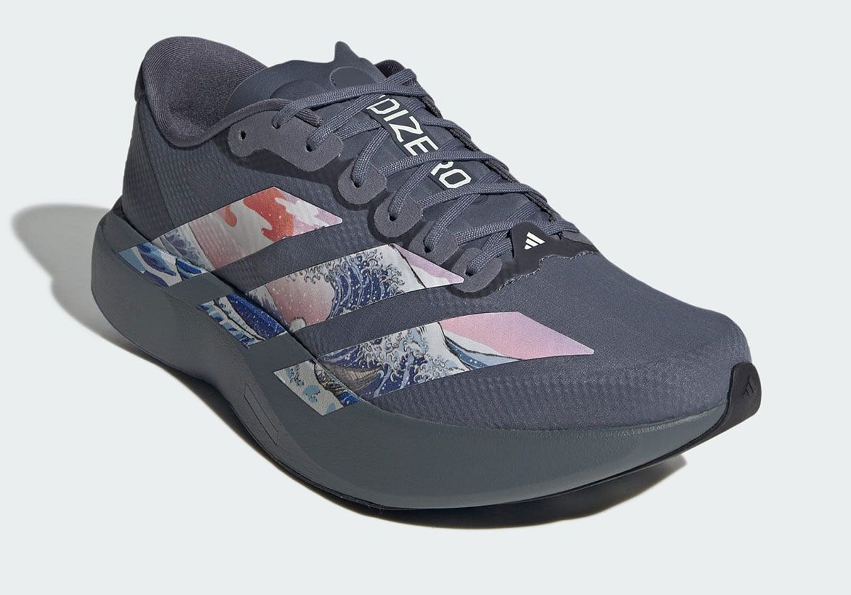 adidas Adizero EVO SL in grey with wave-inspired graphics and coral gradient, inspired by Hokusai's The Great Wave Off Kanagawa woodblock print
