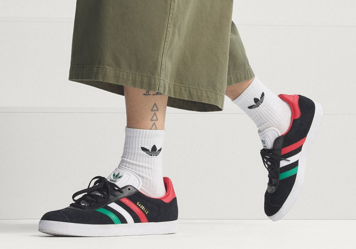 adidas Gazelle Mexico in red, white, and green tricolor with translucent stripe detailing and embroidered national team crest on heel tab