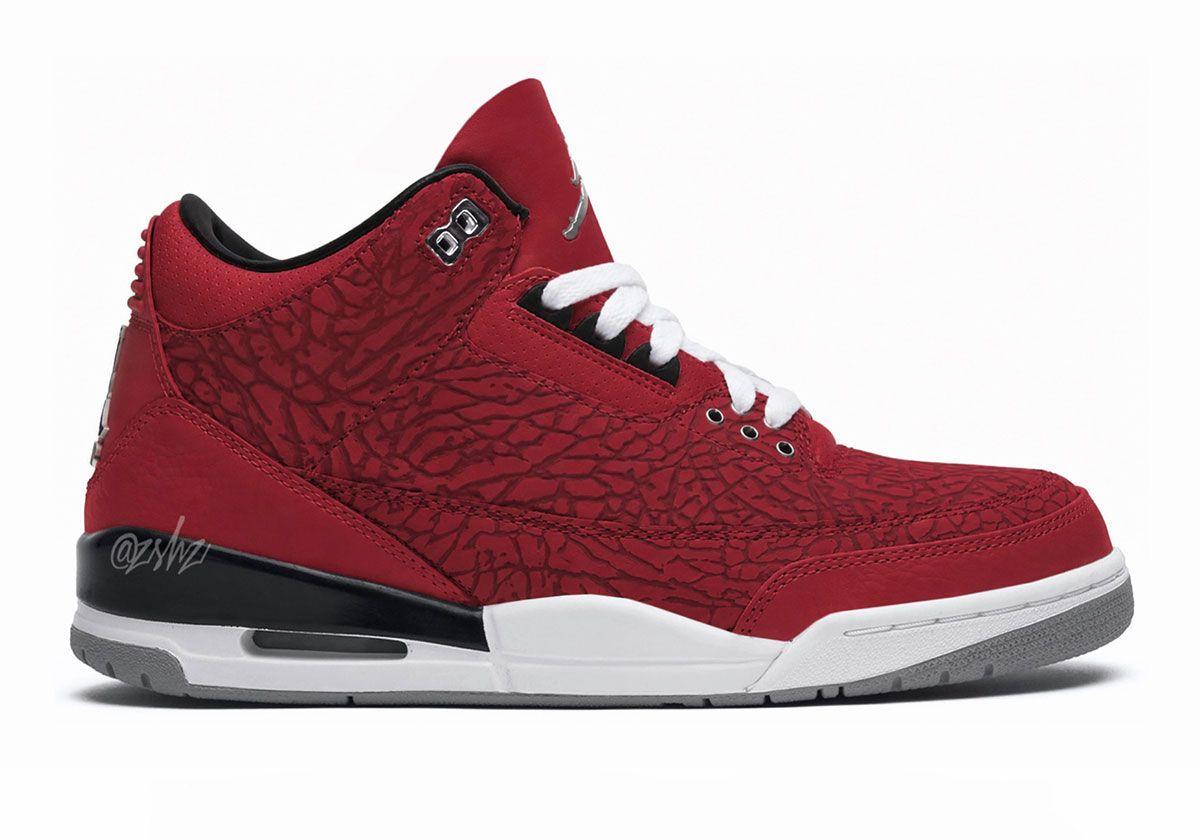 Air Jordan 3 'Red Flip' in Varsity Red with inverted elephant print throughout the upper