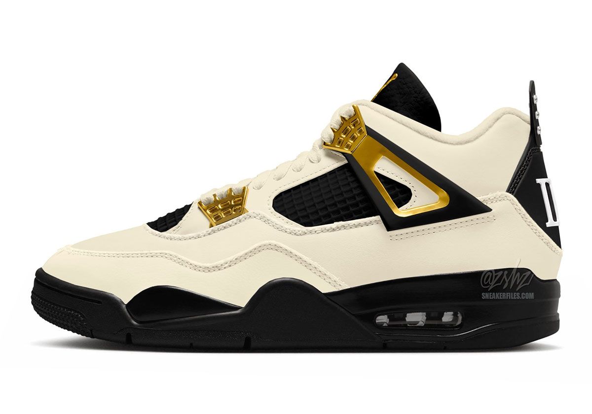 Air Jordan 4 'Musik' in desert khaki leather with gold hardware and Roman numeral backtab detailing, inspired by 1990s hip-hop fashion