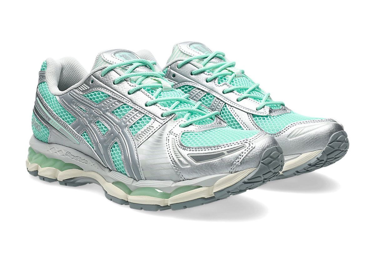 ASICS GEL-Kayano 12.1 Ice Green with metallic silver overlays and visible gel midsole pods