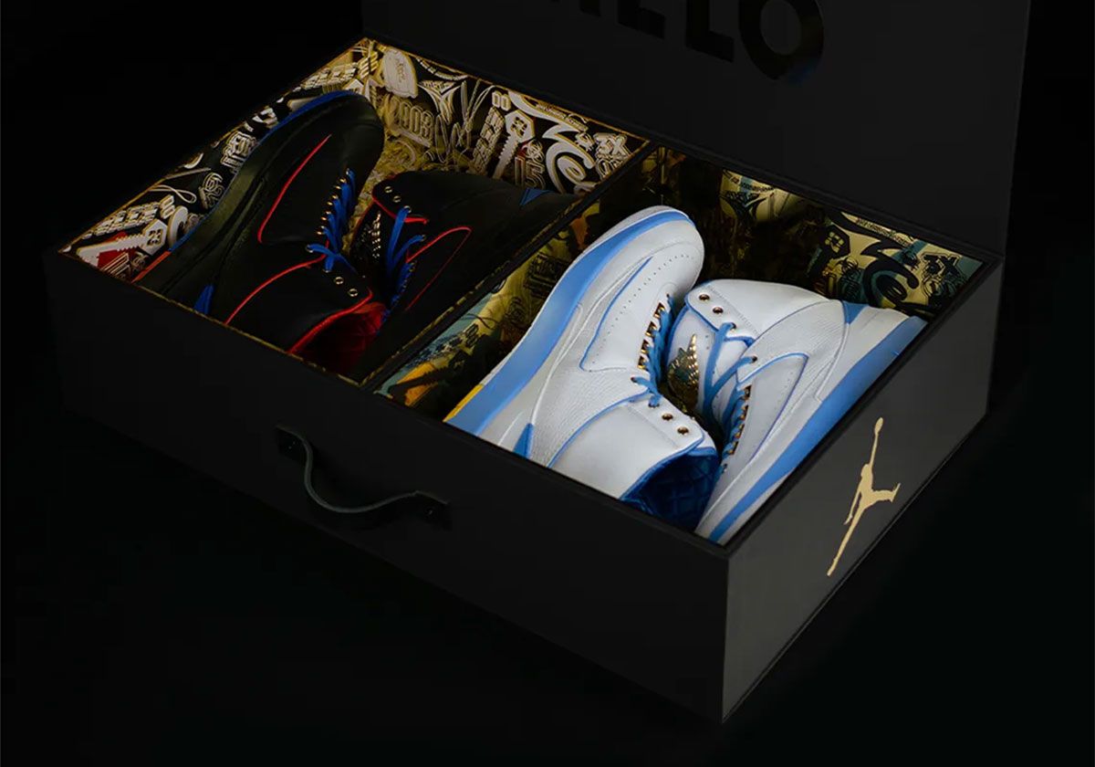 Overhead view of Air Jordan 2 'Stay Melo' Player Exclusive in Denver Nuggets colorway with gold metallic heel badge and quilted interior lining detail